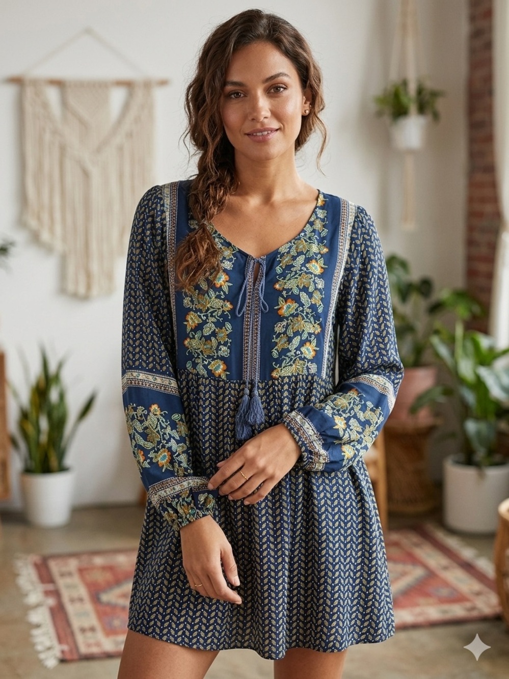 Velzera Navy Dress with Green and Orange Leaf Print